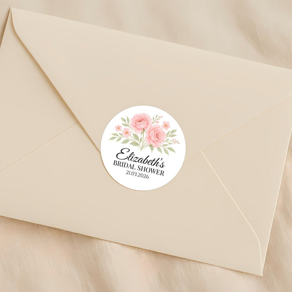 Personalised Blush Rose Bridal Shower Stickers – Custom Name & Date – Watercolour Floral Favour Labels