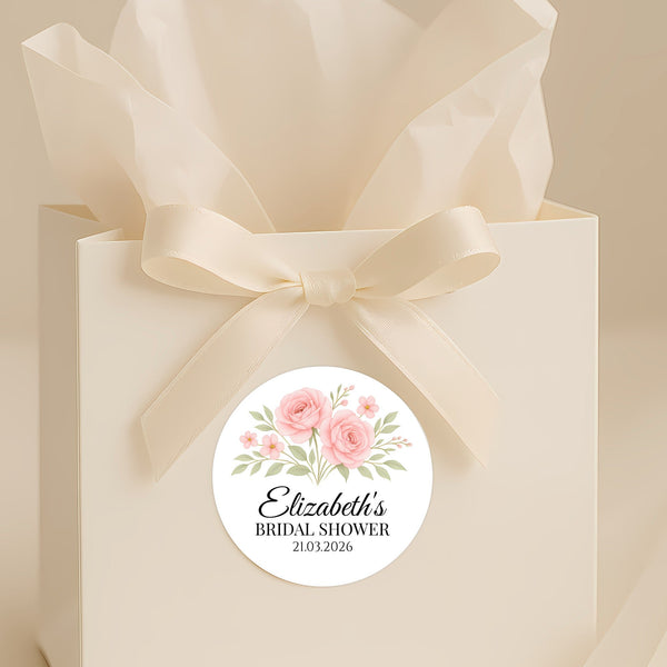 Personalised Blush Rose Bridal Shower Stickers – Custom Name & Date – Watercolour Floral Favour Labels