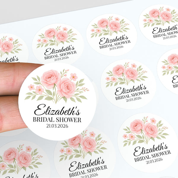 Personalised Blush Rose Bridal Shower Stickers – Custom Name & Date – Watercolour Floral Favour Labels