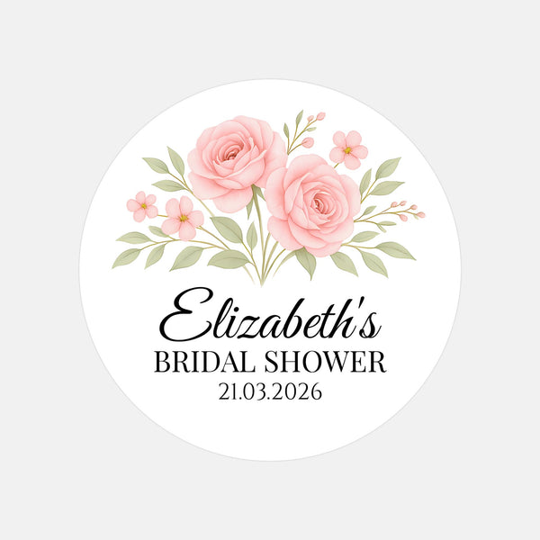 Personalised Blush Rose Bridal Shower Stickers – Custom Name & Date – Watercolour Floral Favour Labels