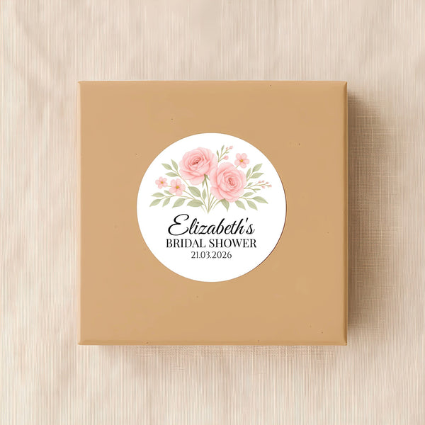 Personalised Blush Rose Bridal Shower Stickers – Custom Name & Date – Watercolour Floral Favour Labels