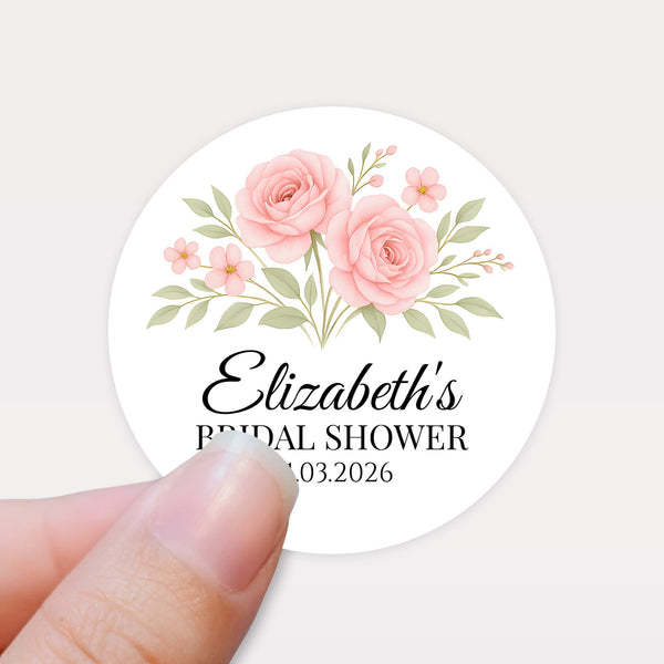 Personalised Blush Rose Bridal Shower Stickers – Custom Name & Date – Watercolour Floral Favour Labels