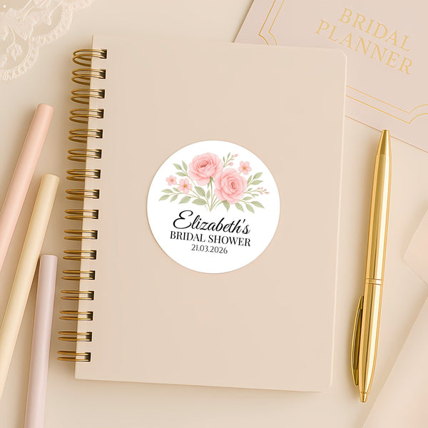 Personalised Blush Rose Bridal Shower Stickers – Custom Name & Date – Watercolour Floral Favour Labels