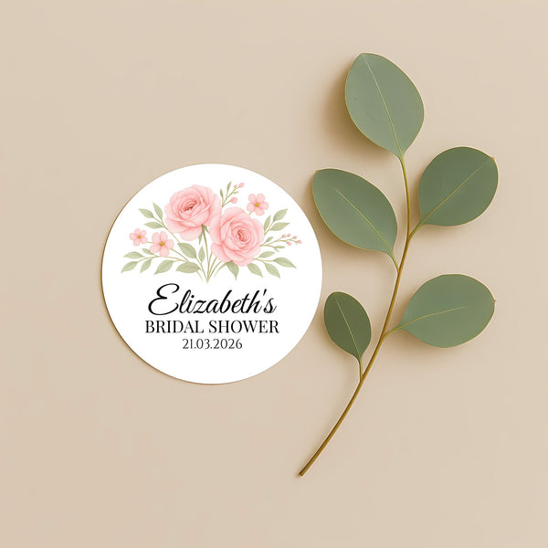 Personalised Blush Rose Bridal Shower Stickers – Custom Name & Date – Watercolour Floral Favour Labels