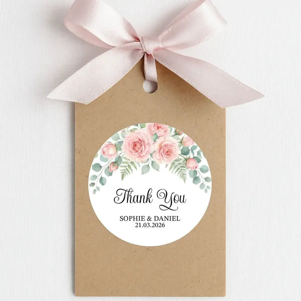 Personalised Blush Rose Wedding Thank You Stickers | Pink Floral Favour Labels - Sticksy Prints Australia