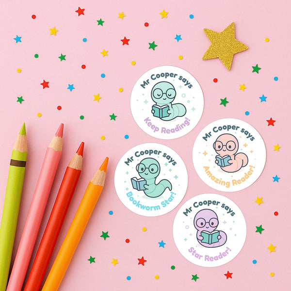 Personalised Bookworm Reading Stickers – Cute Kawaii Literacy Reward Stickers