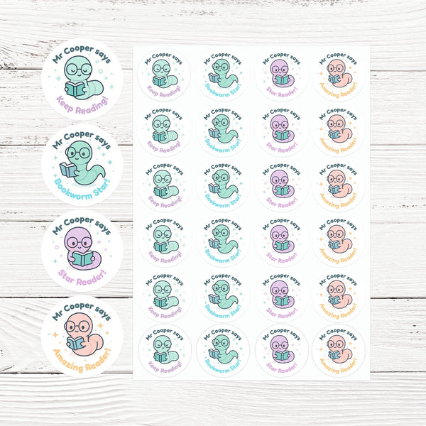 Personalised Bookworm Reading Stickers – Cute Kawaii Literacy Reward Stickers