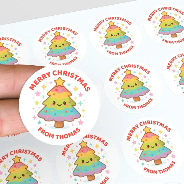 Personalised Christmas Sticker Rainbow Tree Kids Name Labels - Sticksy Prints Australia