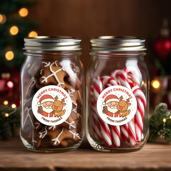 Personalised Christmas Sticker – Santa & Reindeer Selfie Kids Gift Labels