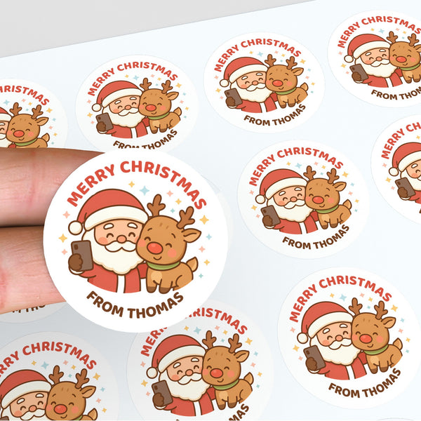 Personalised Christmas Sticker – Santa & Reindeer Selfie Kids Gift Labels