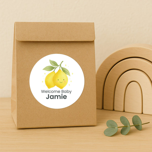 Personalised Cute Lemon Welcome Baby Stickers – Watercolour Citrus Gender-Neutral Favour Labels
