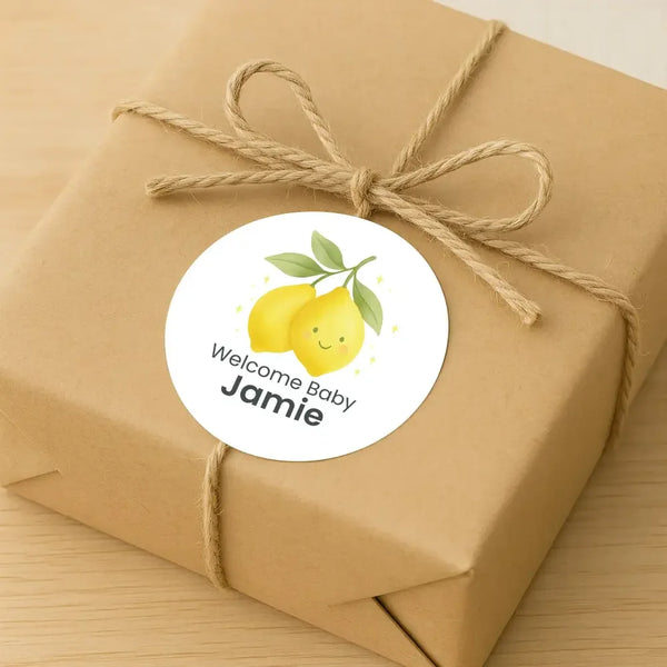 Personalised Cute Lemon Welcome Baby Stickers – Watercolour Citrus Gender-Neutral Favour Labels - Sticksy Prints Australia