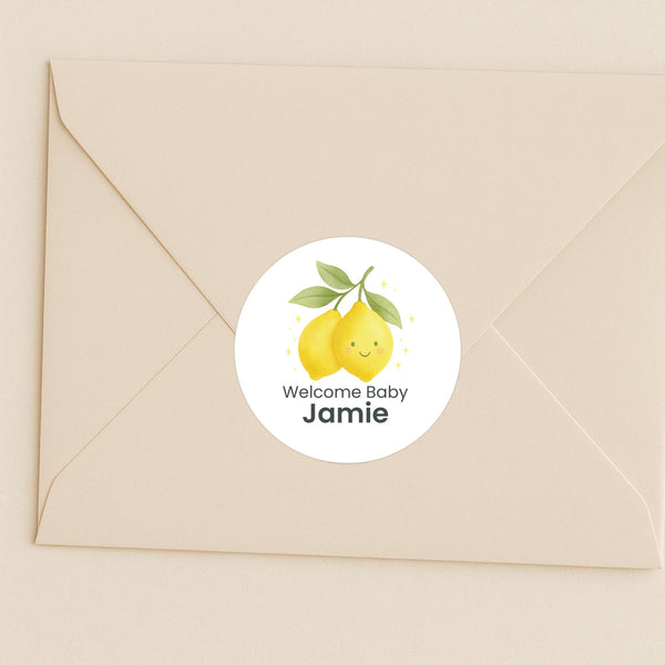 Personalised Cute Lemon Welcome Baby Stickers – Watercolour Citrus Gender-Neutral Favour Labels
