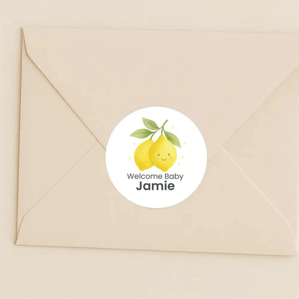 Personalised Cute Lemon Welcome Baby Stickers – Watercolour Citrus Gender-Neutral Favour Labels - Sticksy Prints Australia