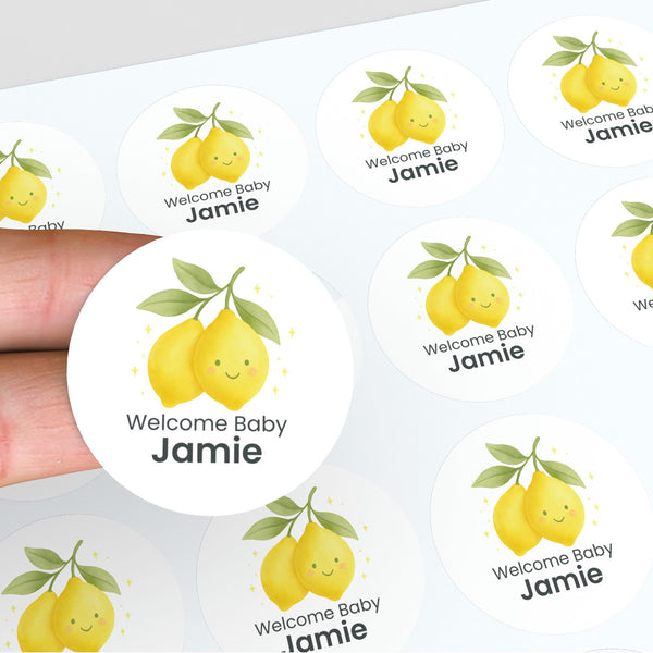 Personalised Cute Lemon Welcome Baby Stickers – Watercolour Citrus Gender-Neutral Favour Labels