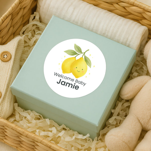 Personalised Cute Lemon Welcome Baby Stickers – Watercolour Citrus Gender-Neutral Favour Labels