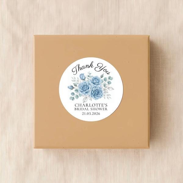 Personalised Dusty Blue Rose Bridal Shower Thank You Stickers – Custom Name & Date – Watercolour Floral Favour Labels