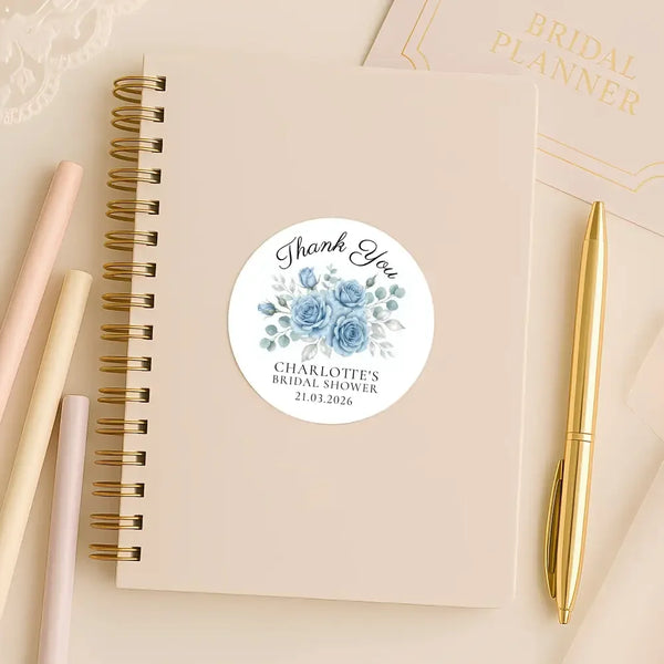 Personalised Dusty Blue Rose Bridal Shower Thank You Stickers – Custom Name & Date – Watercolour Floral Favour Labels - Sticksy Prints Australia