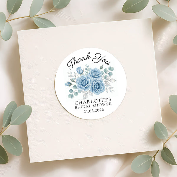 Personalised Dusty Blue Rose Bridal Shower Thank You Stickers – Custom Name & Date – Watercolour Floral Favour Labels
