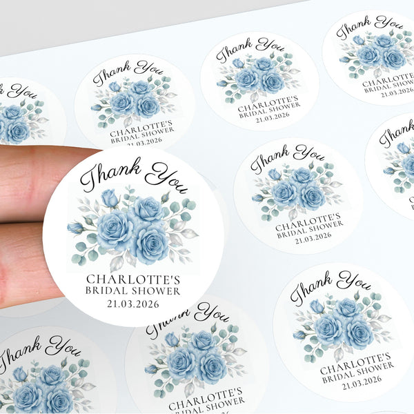 Personalised Dusty Blue Rose Bridal Shower Thank You Stickers – Custom Name & Date – Watercolour Floral Favour Labels