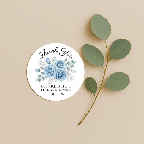 Personalised Dusty Blue Rose Bridal Shower Thank You Stickers – Custom Name & Date – Watercolour Floral Favour Labels