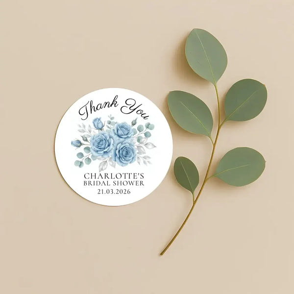 Personalised Dusty Blue Rose Bridal Shower Thank You Stickers – Custom Name & Date – Watercolour Floral Favour Labels - Sticksy Prints Australia