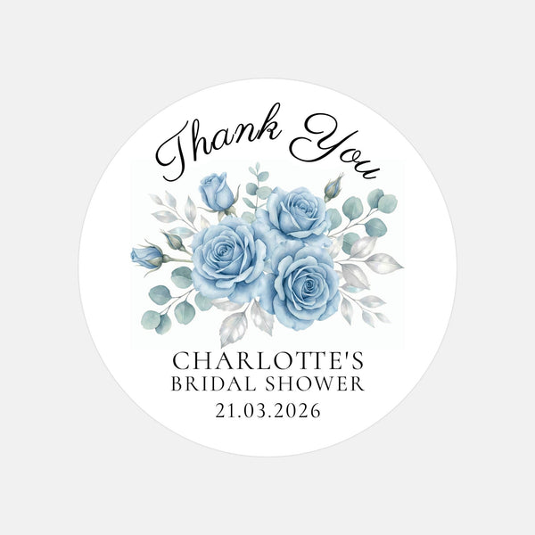 Personalised Dusty Blue Rose Bridal Shower Thank You Stickers – Custom Name & Date – Watercolour Floral Favour Labels