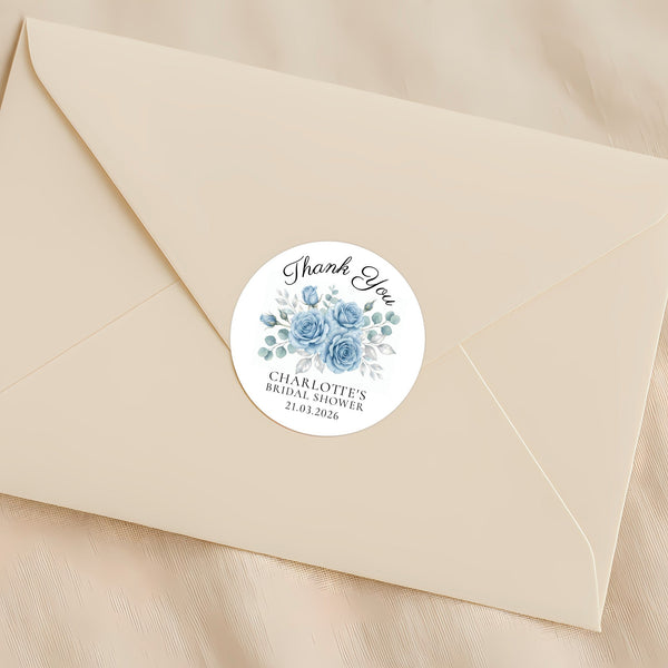 Personalised Dusty Blue Rose Bridal Shower Thank You Stickers – Custom Name & Date – Watercolour Floral Favour Labels