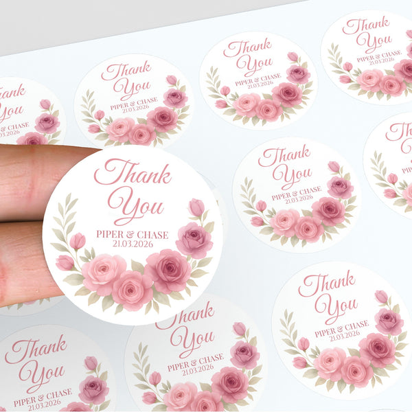 Personalised Dusty Rose & Blush Wedding Thank You Stickers – Custom Floral Favour Labels