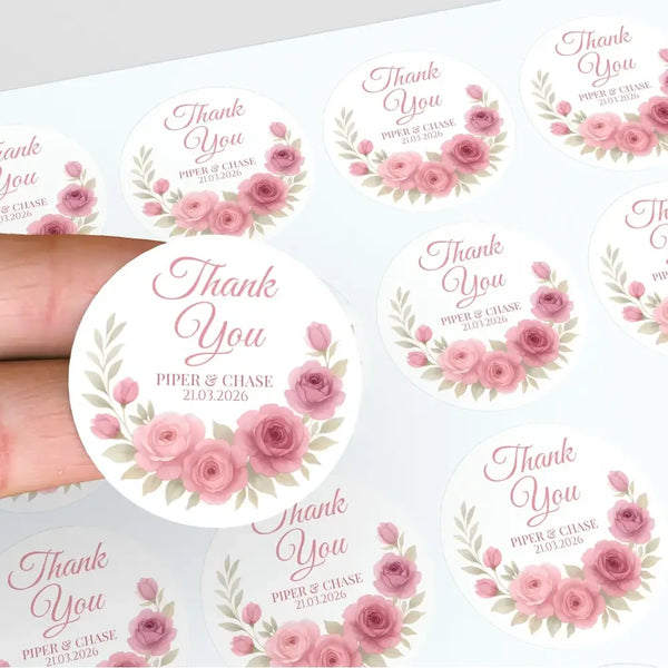 Personalised Dusty Rose & Blush Wedding Thank You Stickers – Custom Floral Favour Labels - Sticksy Prints Australia