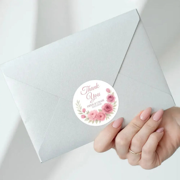 Personalised Dusty Rose & Blush Wedding Thank You Stickers – Custom Floral Favour Labels - Sticksy Prints Australia
