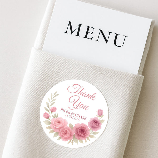 Personalised Dusty Rose & Blush Wedding Thank You Stickers – Custom Floral Favour Labels