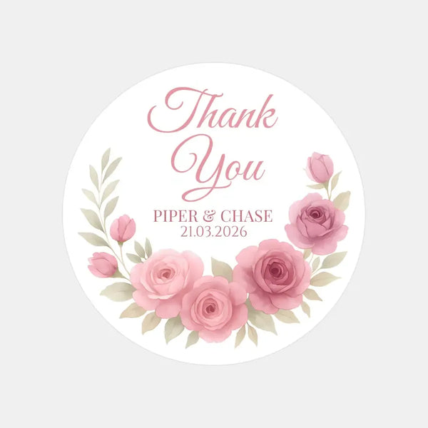 Personalised Dusty Rose & Blush Wedding Thank You Stickers – Custom Floral Favour Labels - Sticksy Prints Australia