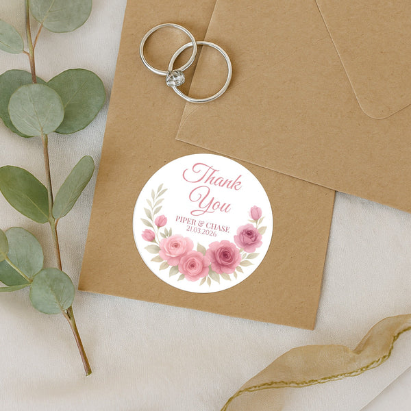 Personalised Dusty Rose & Blush Wedding Thank You Stickers – Custom Floral Favour Labels