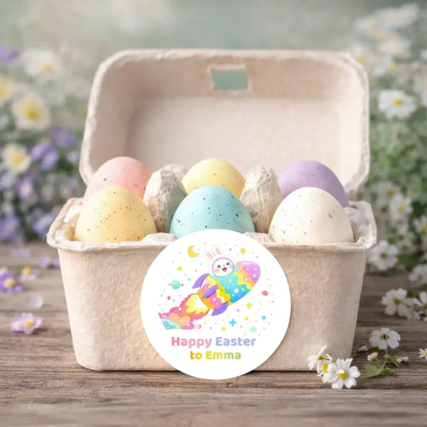 Personalised Easter Bunny Rocket Stickers | Space Easter Stickers for Kids | Custom Name Labels - Sticksy Prints Australia