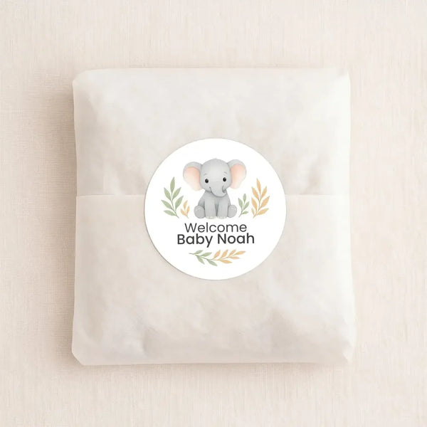 Personalised Elephant Baby Shower Stickers – Safari Welcome Baby Favour Labels - Sticksy Prints Australia