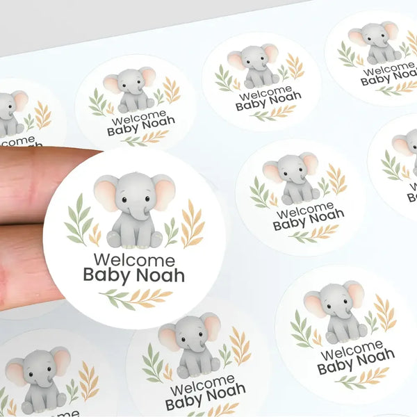 Personalised Elephant Baby Shower Stickers – Safari Welcome Baby Favour Labels - Sticksy Prints Australia