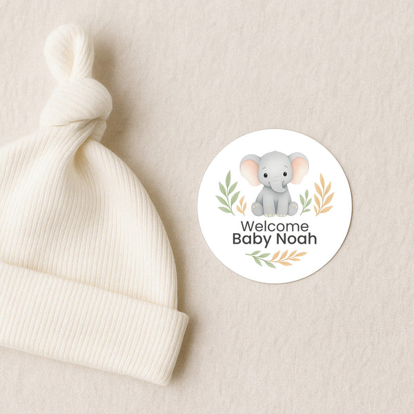 Personalised Elephant Baby Shower Stickers – Safari Welcome Baby Favour Labels