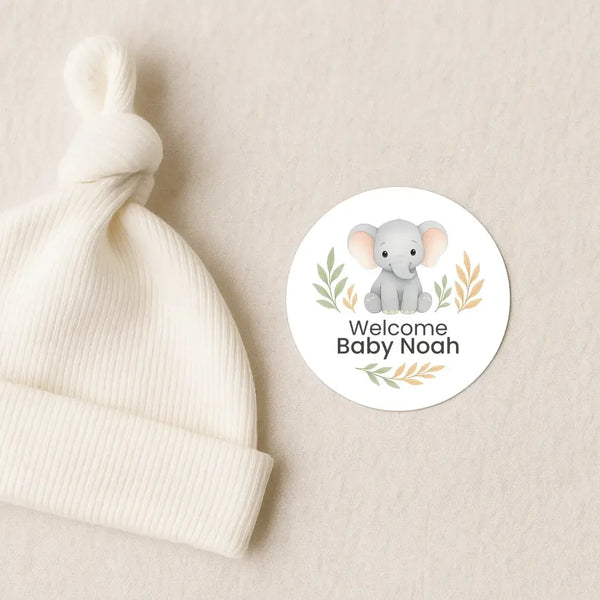 Personalised Elephant Baby Shower Stickers – Safari Welcome Baby Favour Labels - Sticksy Prints Australia