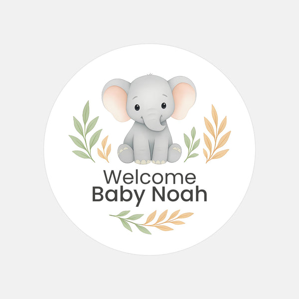 Personalised Elephant Baby Shower Stickers – Safari Welcome Baby Favour Labels