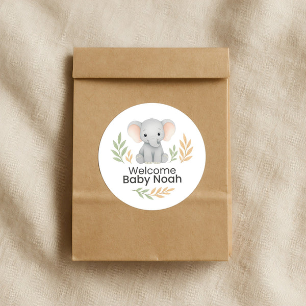 Personalised Elephant Baby Shower Stickers – Safari Welcome Baby Favour Labels