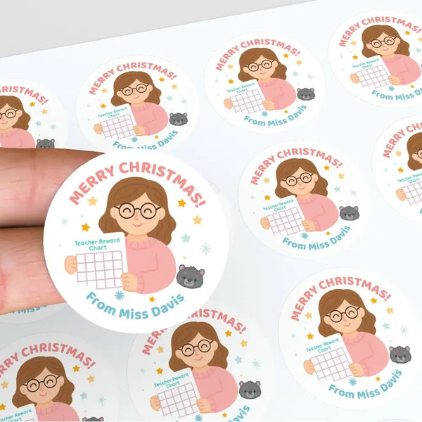 Personalised Female Teacher Christmas Stickers – Custom Holiday Stickers for Teachers - Sticksy Prints Australia