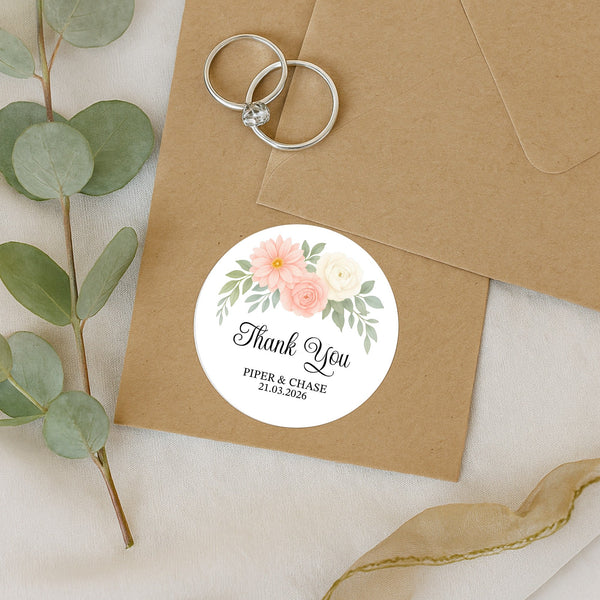 Personalised Floral Thank You Wedding Stickers | Blush Dahlia Design