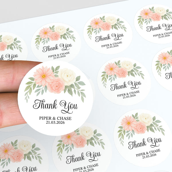 Personalised Floral Thank You Wedding Stickers | Blush Dahlia Design