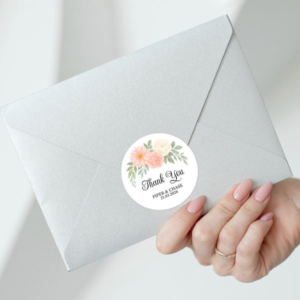 Personalised Floral Thank You Wedding Stickers | Blush Dahlia Design
