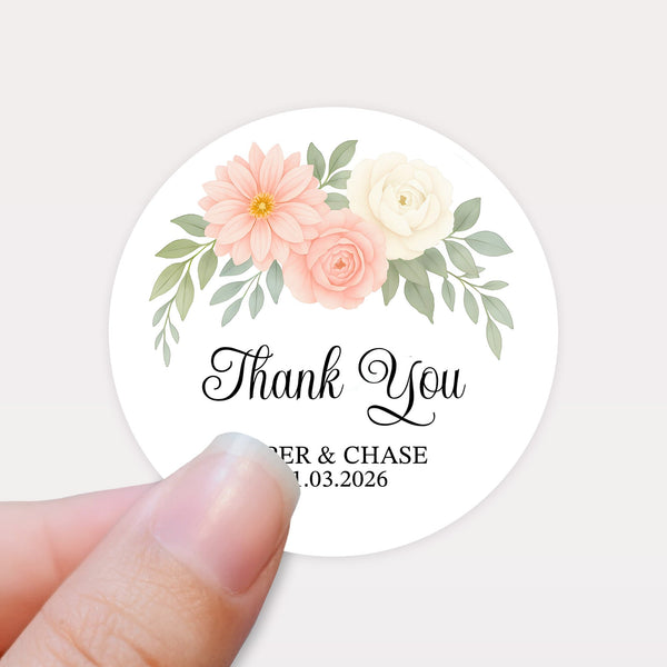 Personalised Floral Thank You Wedding Stickers | Blush Dahlia Design