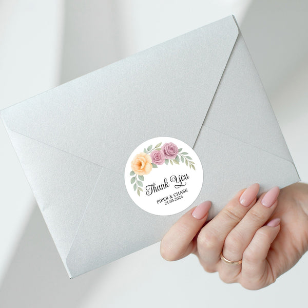 Personalised Floral Wedding Thank You Stickers | Apricot & Mauve Roses