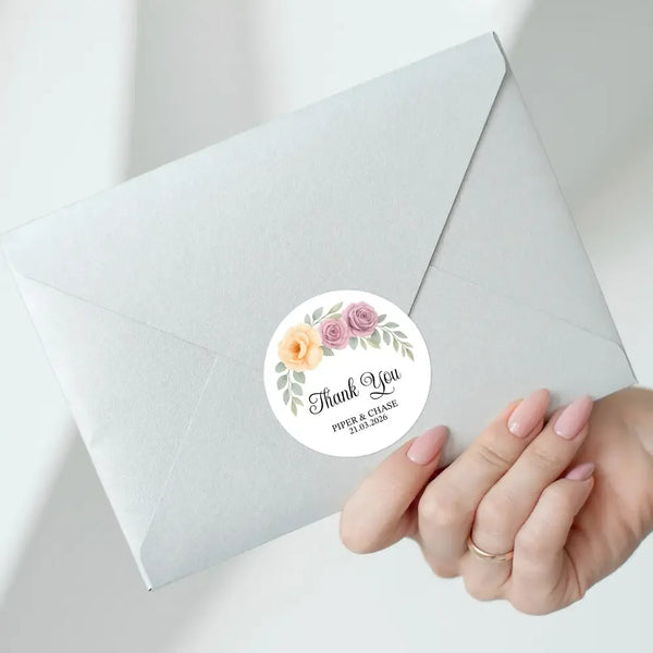 Personalised Floral Wedding Thank You Stickers | Apricot & Mauve Roses - Sticksy Prints Australia