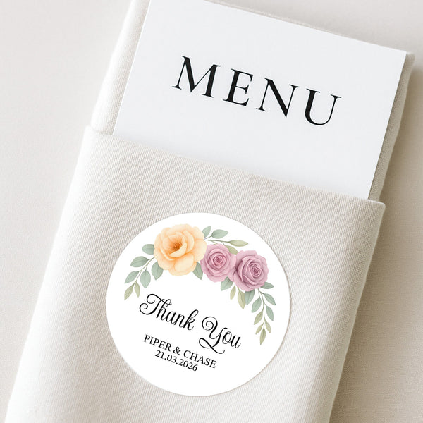 Personalised Floral Wedding Thank You Stickers | Apricot & Mauve Roses