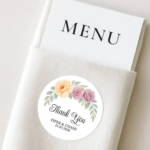 Personalised Floral Wedding Thank You Stickers | Apricot & Mauve Roses - Sticksy Prints Australia